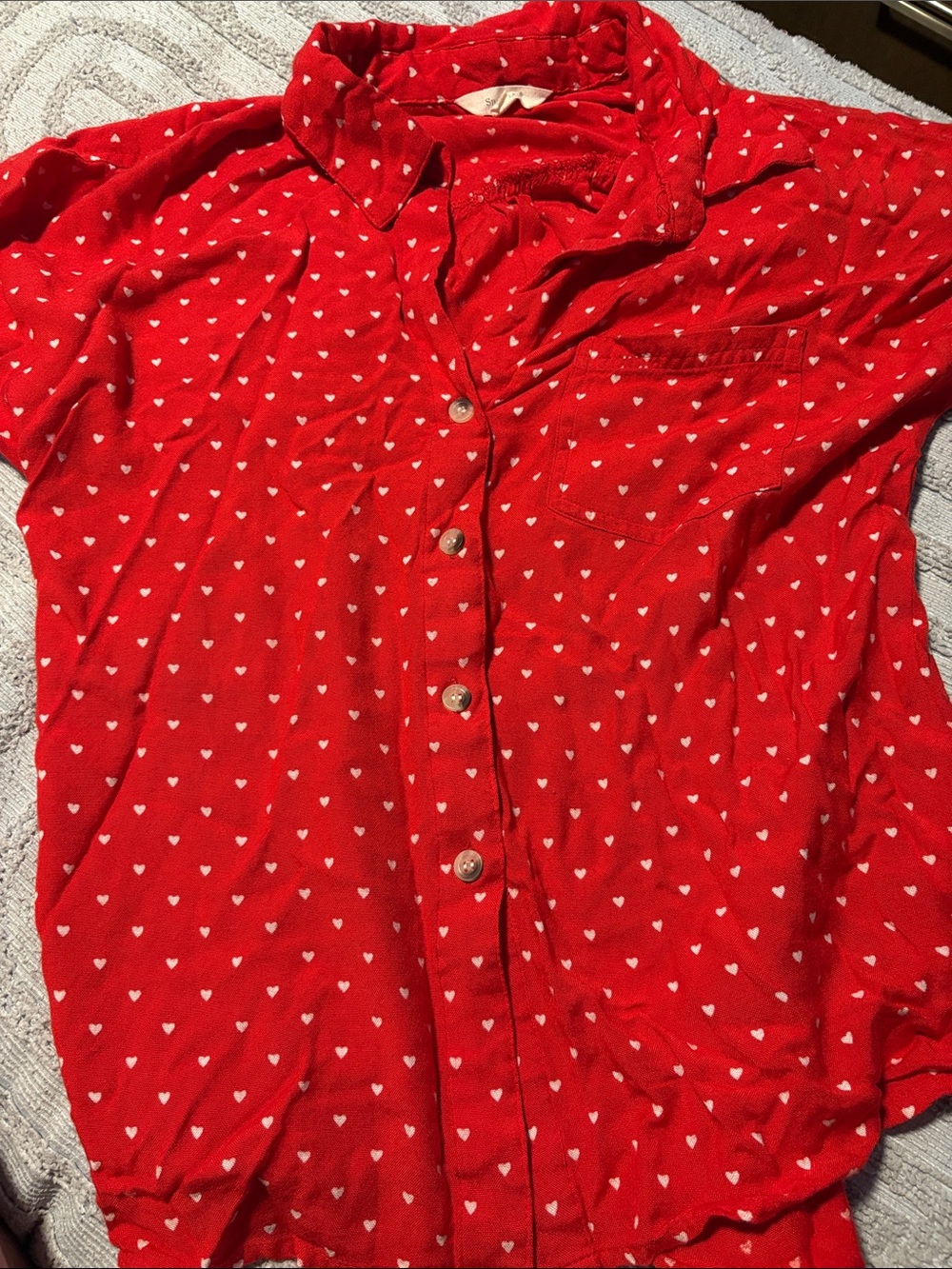 Red Heart-Print Button-Up Shirt